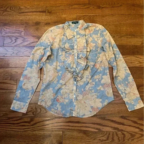 LRL Lauren Jeans Co. Floral Ruffle-Trim Blouse Sz M - Picture 6 of 10